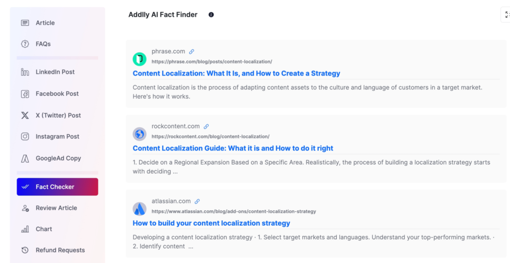 Addlly.ai sources real-time information from Google search results for the given topic or keyword. This ensures that the generated content is unique, factual, and up-to-date