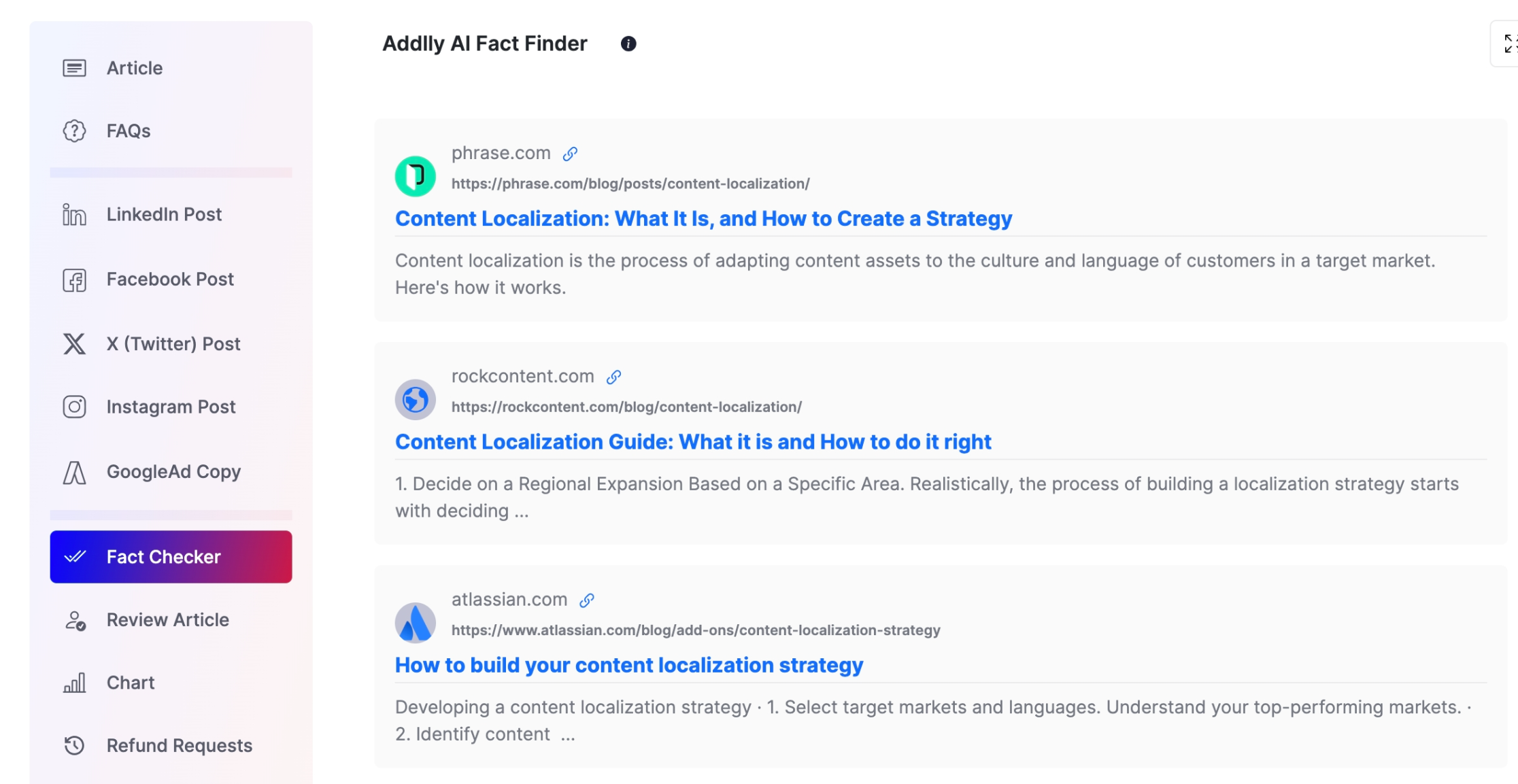 Addlly.ai includes a fact-checking feature to ensure the accuracy and currency of the content generated.