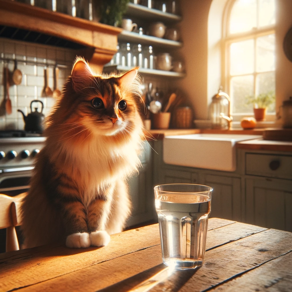 realistic style photograph of a ginger cat about to knock a glass off a table in the kitchen with the window in the background and sunlight streaming through