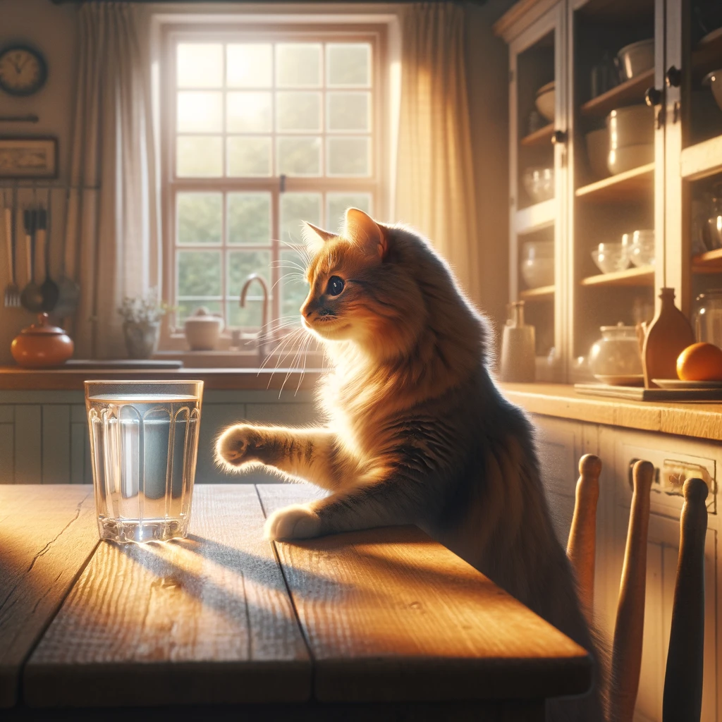 realistic style photograph of a ginger cat about to knock a glass off a table in the kitchen with the window in the background and sunlight streaming through