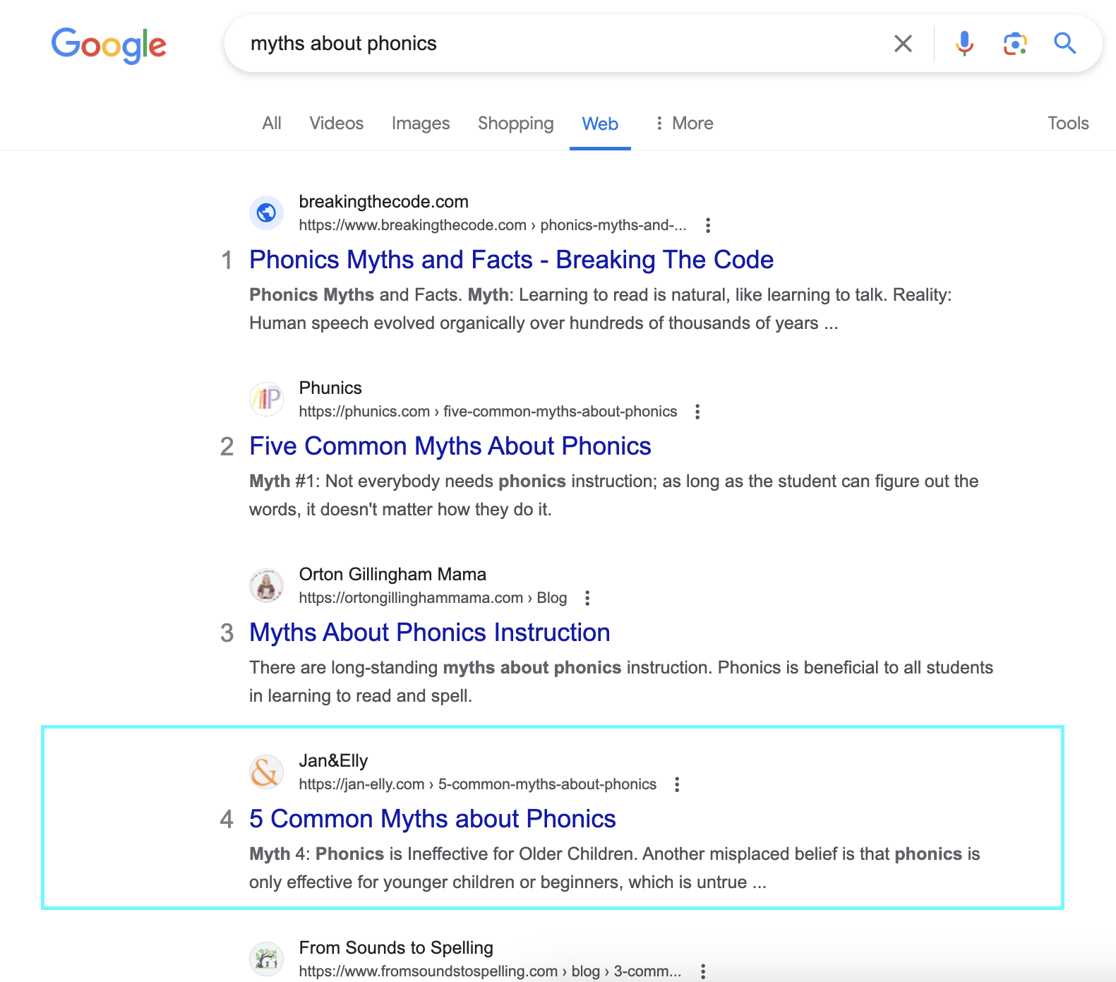 Google search results page for ‘myths about phonics,’ with Jan&Elly in #4.