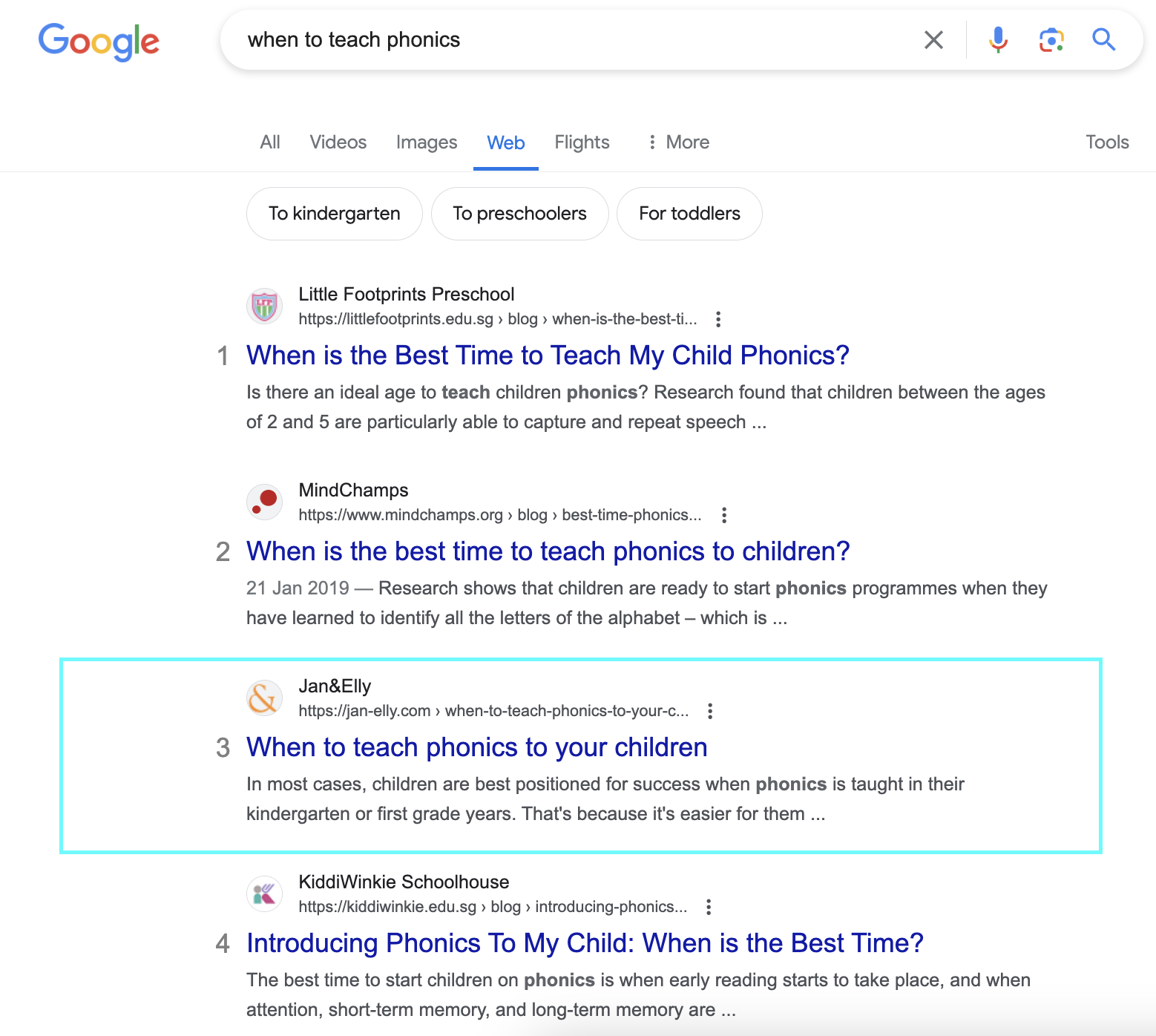 Google search results page for ‘when to teach phonics,’ with Jan&Elly in #3.