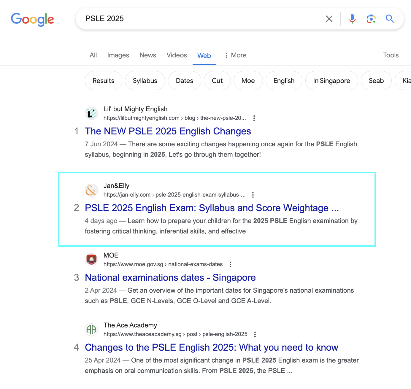 Google search results page for ‘PSLE 2025,’ with Jan&Elly in #2