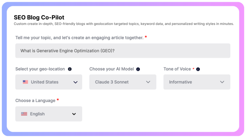 SEO Blog Co-Pilot Step 1: Input Your Topic and Main Keyword