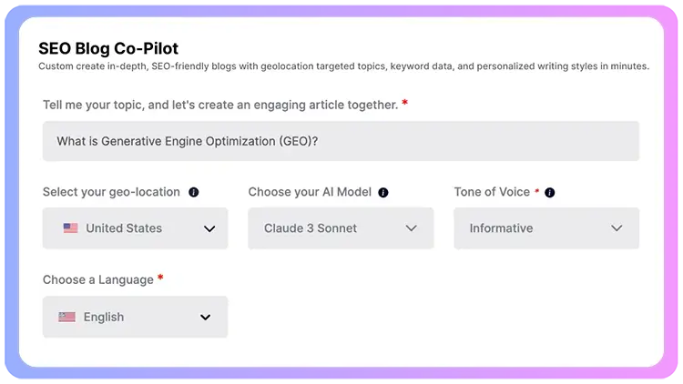 Misalnya saat melakukan pemasaran dengan membuat blog, dengan SEO Blog Copilot dari Addlly AI, bisnis dapat menciptakan konten blog yang sepenuhnya dioptimalkan untuk SEO dan sesuai dengan strategi kata kunci.