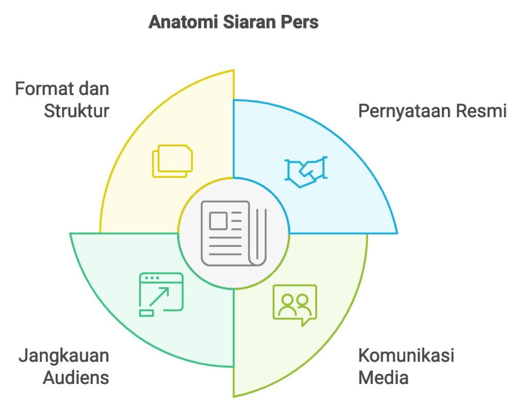 ilustrasi anatomi siaran pers yang terdiri dari format, pernyataan resmi, audiens, dan komunikasi media