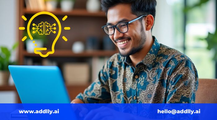 pria pakai batik sedang mencari topik blog dengan laptop