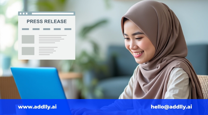 wanita memakai hijab cokelat sedang menggunakan laptop belajar cara menulis press release.