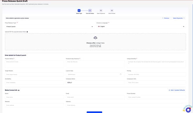 fitur press release addlly AI tahap memasukkan Detail Produk atau Event