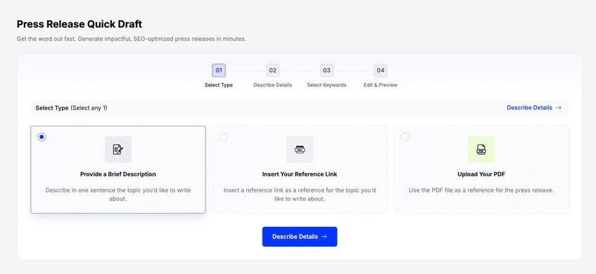 dashboard dari fitur press release quick draft Addlly AI 