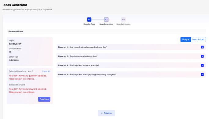 Fitur Ideas Generator Addlly AI memilih Pertanyaan yang Paling Relevan