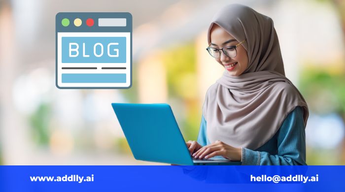 wanita berjilbab coklat sedang menggunakan laptop untuk blogging