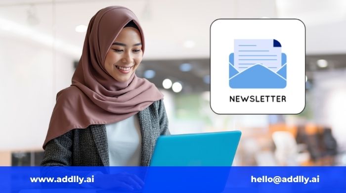 wanita berjilbab cokelat sedang membuat newsletter menggunakan laptop