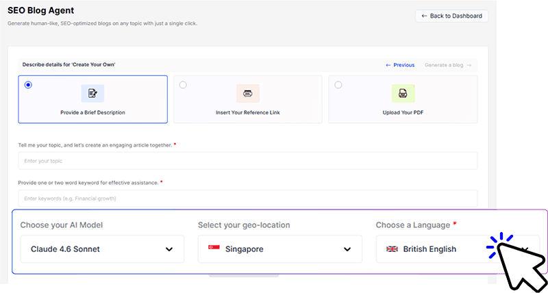 Choose Your AI Model, Target Location, and Language